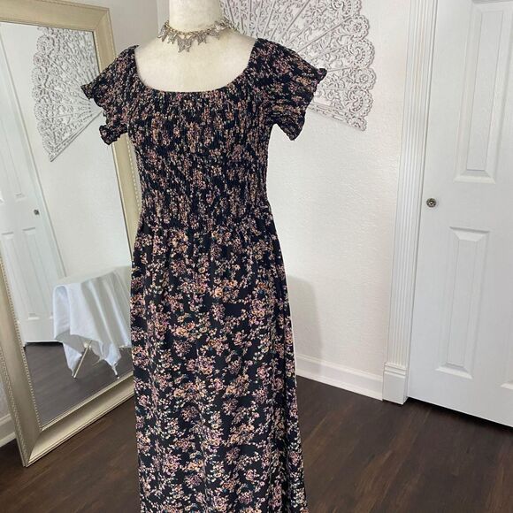Boho Floral Print Off Shoulder Shirred Slit Thigh Midi Maxi Dress L - Picture 5 of 8